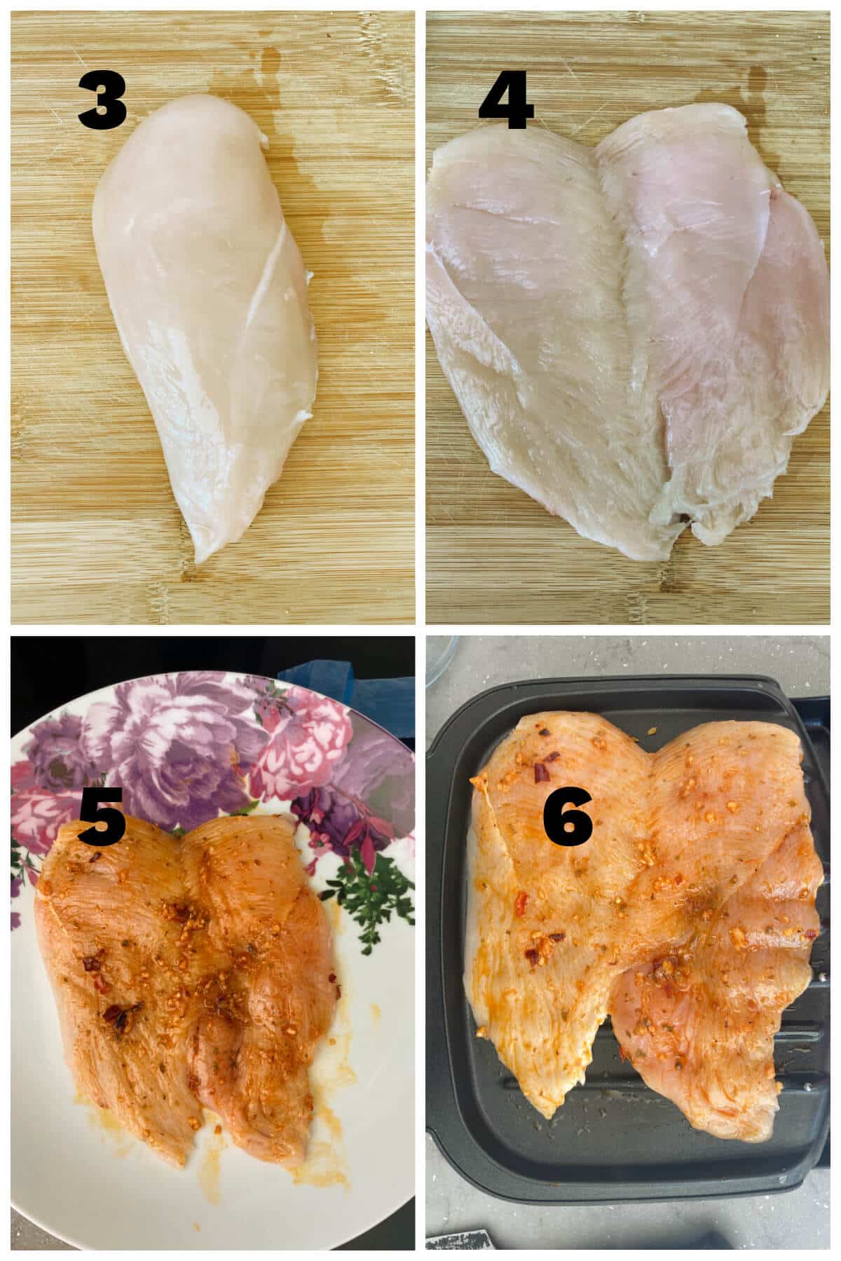 Collage of 4 photos to show how to make peri-peri butterfly chicken