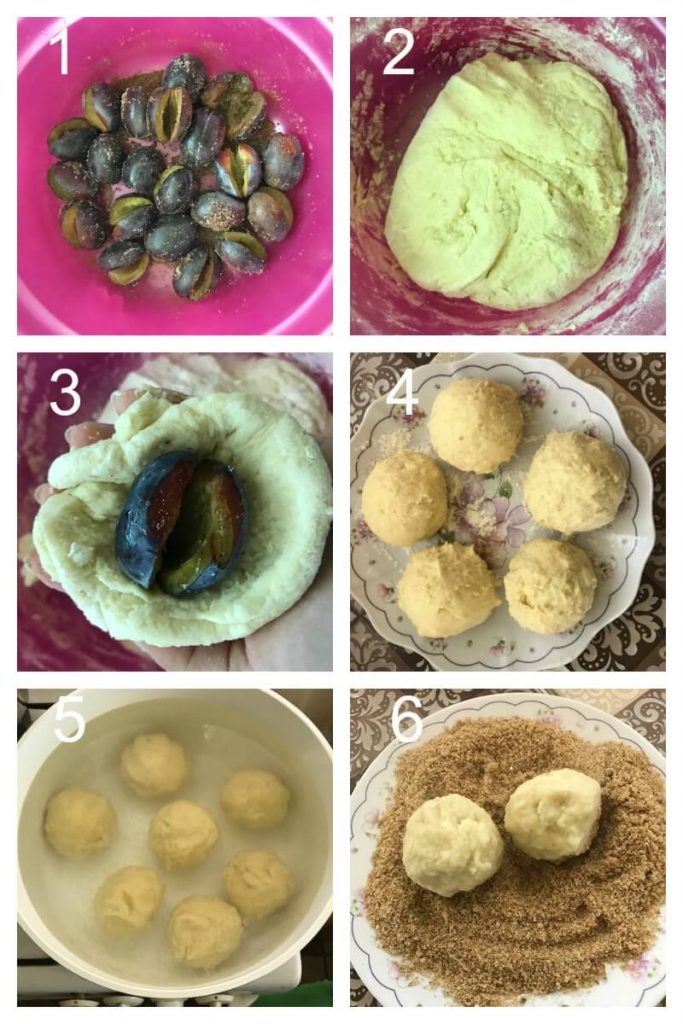 Collage of 6 photos to show how to make plum dumplings