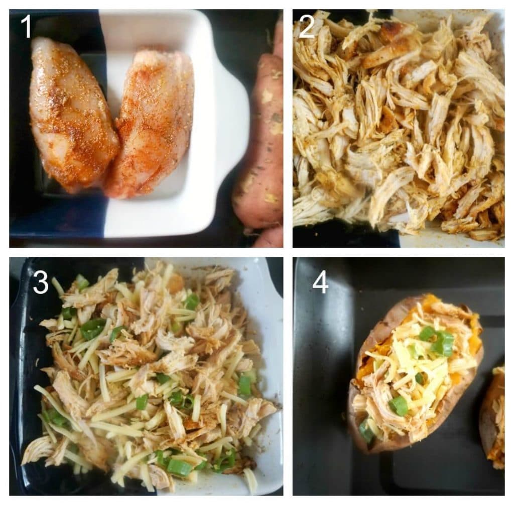 Collage of 4 photos to show how to make stuffed sweet potatoes with chicken and cheese.