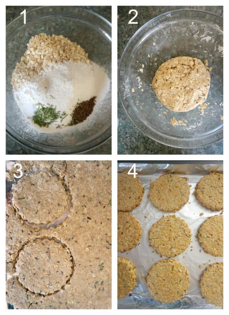 Collage of 4 photos to show how to make crispy oatmeal cookies.