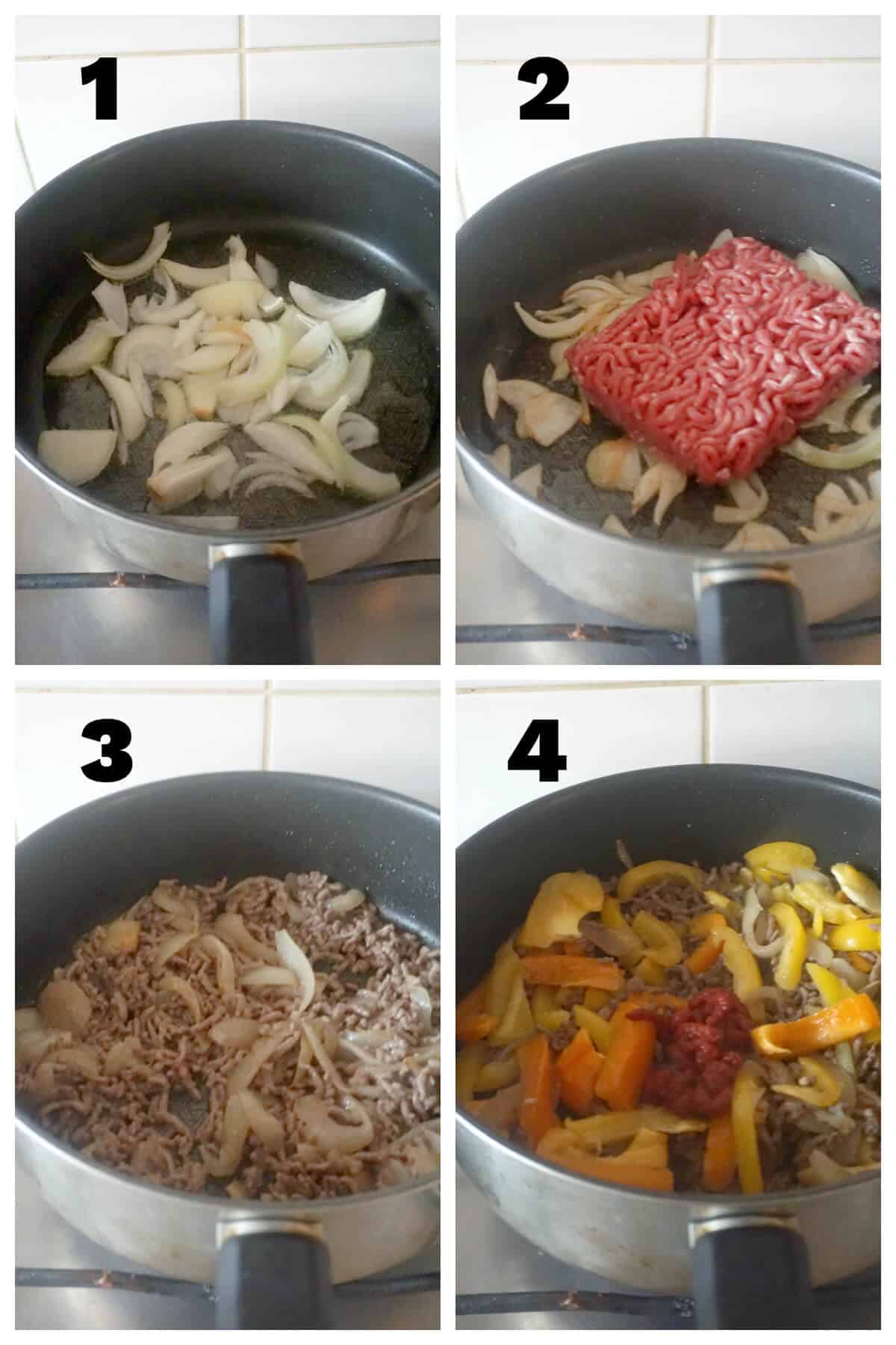 Collage of 4 photos to show how to make ground beef pasta.