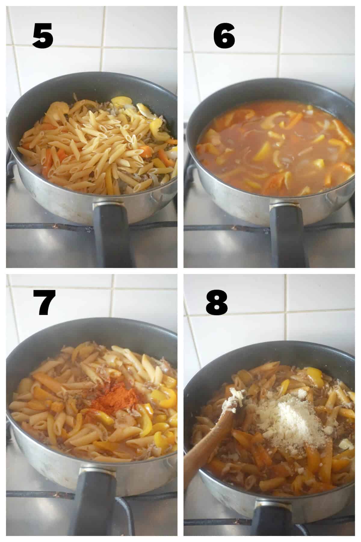 Collage of 4 photos to show how to make ground beef pasta.