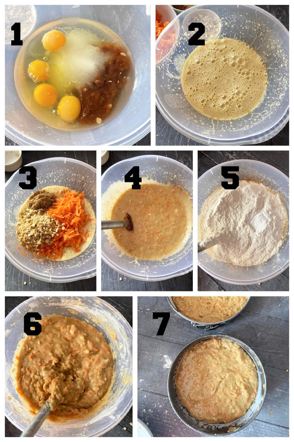Collage of 7 photos to show how to make carrot cake