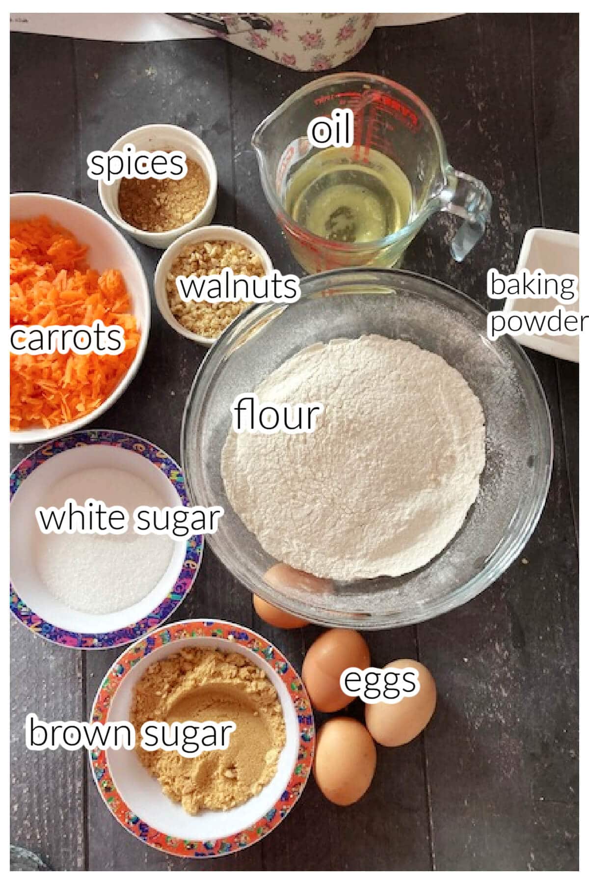 Overhead shot of ingredients needed for carrot cake 