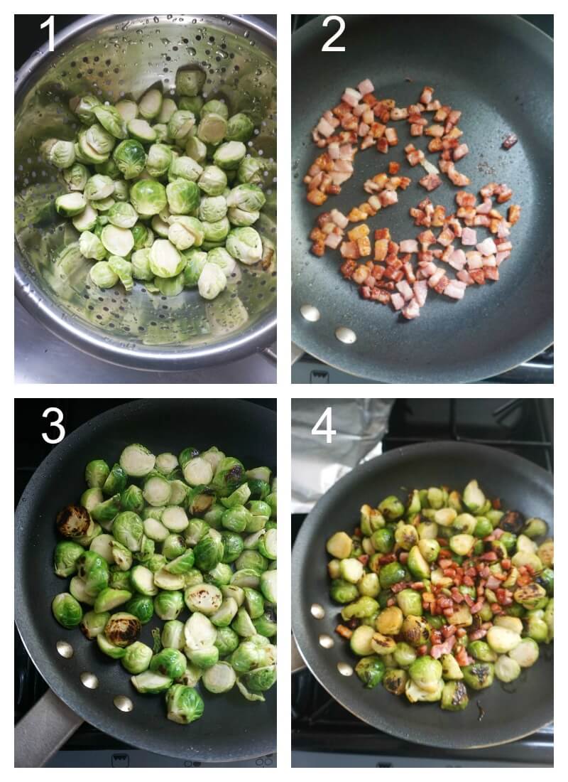 Collage of 4 photos to show how to make pan-fried brussel sprouts with bacon, garlic and parmesan.