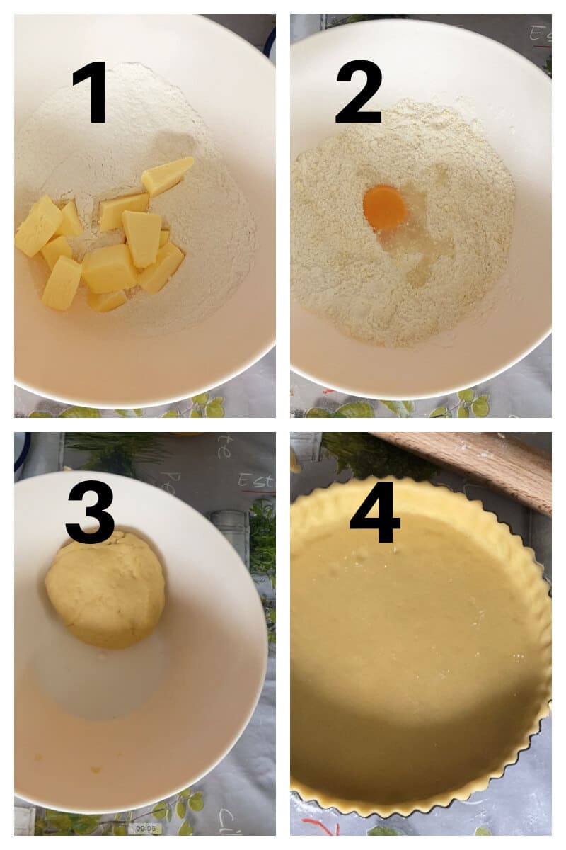 Collage of 4 photos to show how to make a sweet dough.