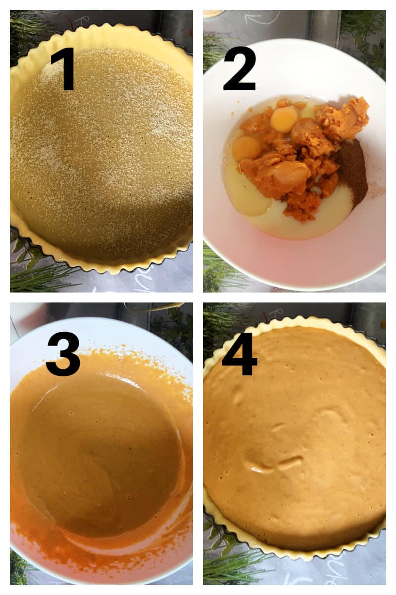 Collage of 4 photos to show how to assemble the pumpkin pie.