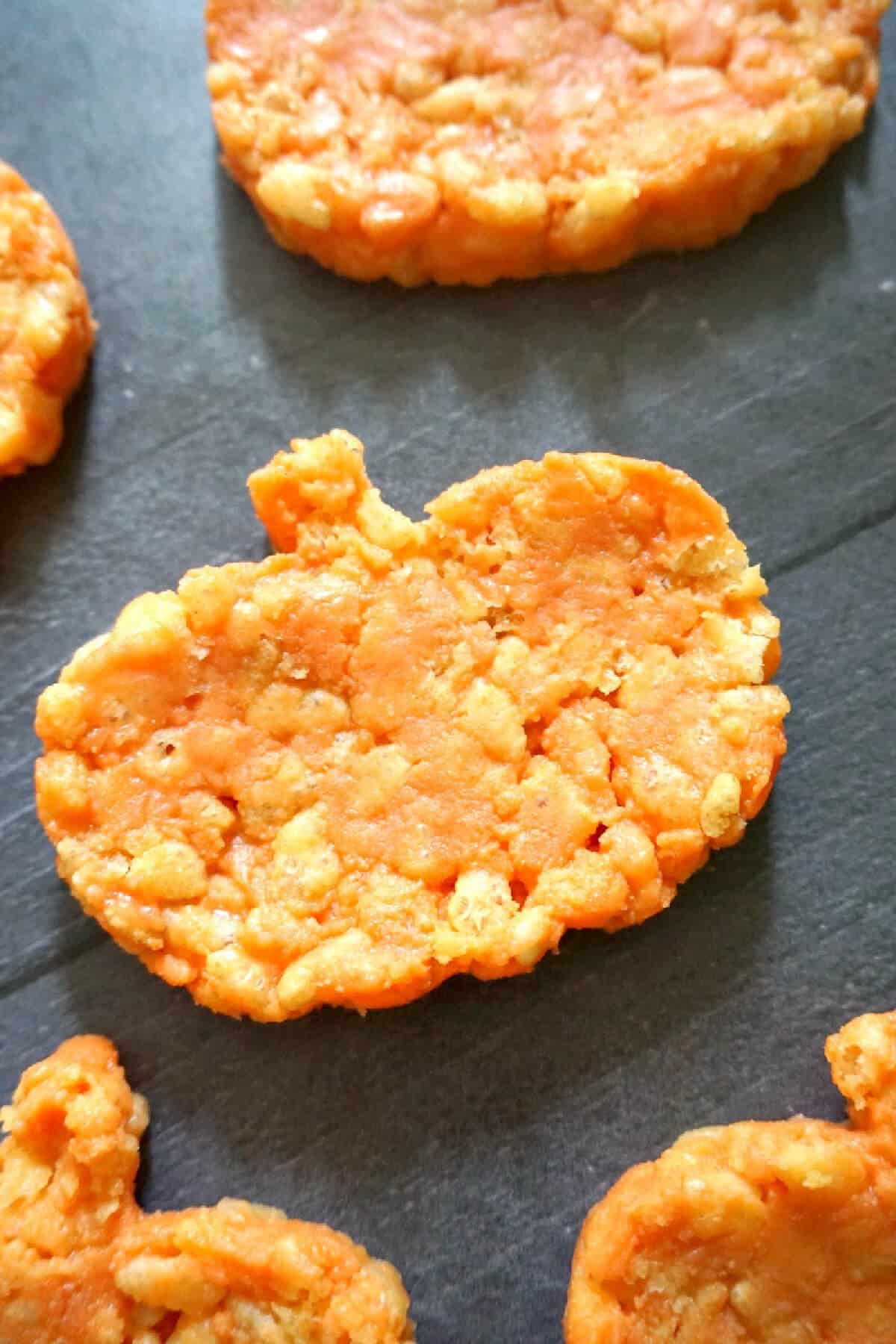 Close-up shoot of a pumpkin-shaped rice krispie treats.