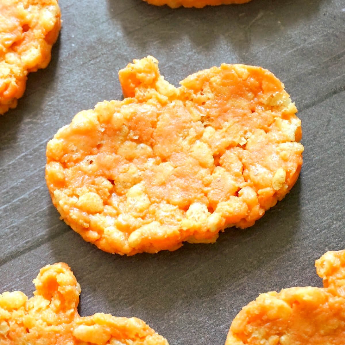 A pumpkin-shaped rice krispie treat