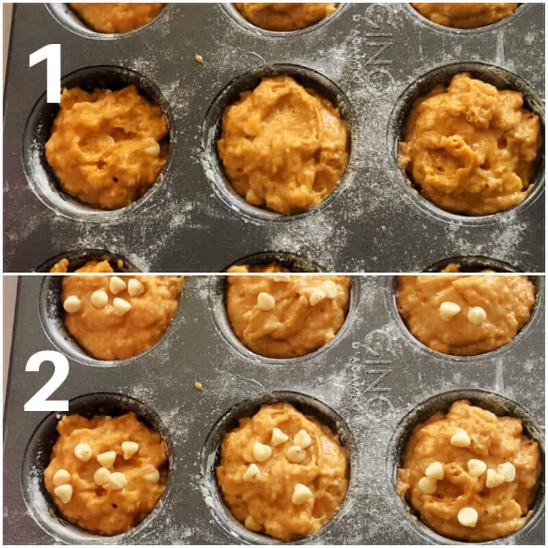Collage of 2 photos to show how to make muffins with canned pumpkin and white chocolate chips.