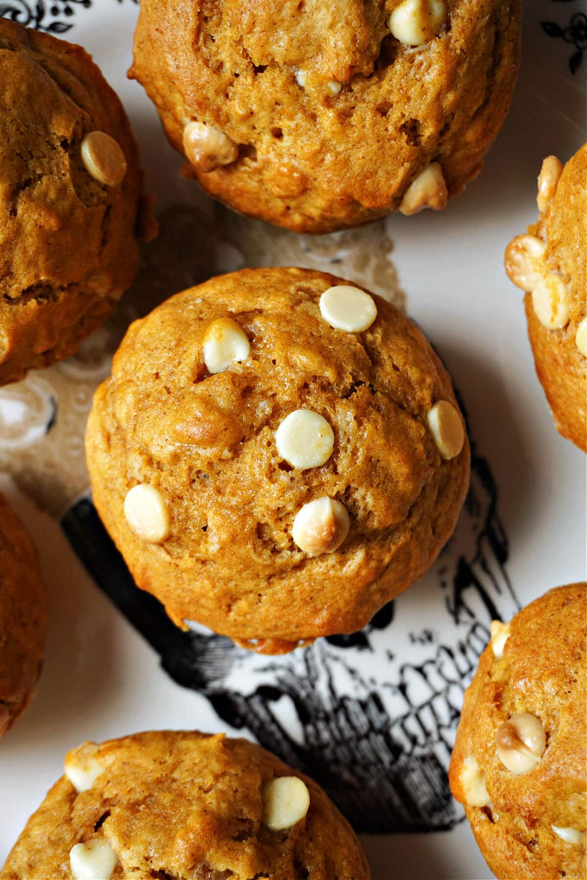 Close-up shoot of a pumpkin and white chocolate chip muffin.