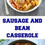 Sausage and Butter Bean Casserole, a hearty dish for an epic family dinner. Made with chipolatas sausages, chorizo, butter beans, and peppers, simmered in a rich tomato sauce, this simple sausage casserole is a big hit every single time. That's what I call comfort food!