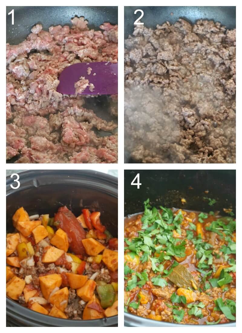 Collage of 4 photos to show how to make chili with ground beef and sweet potatoes in the slow cooker.