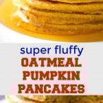 Fluffy Oatmeal Pumpkin Pancakes, a delicious breakfast or brunch treat this Fall. Incredibly easy to make, these pancakes can be enjoyed by the whole family. Bonus point, they are healthy, gluten free, and only 7g carbs per pancakes.