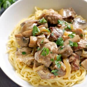 A white bowl with beef stroganoff and noodles