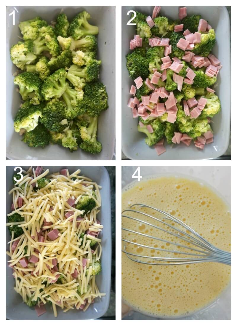 Collage of 4 photos to show how to make ham and broccoli casserole.