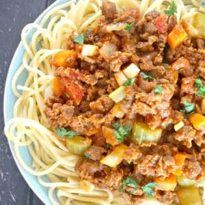 A light blue plate with spaghetti topped with quorn bolognese
