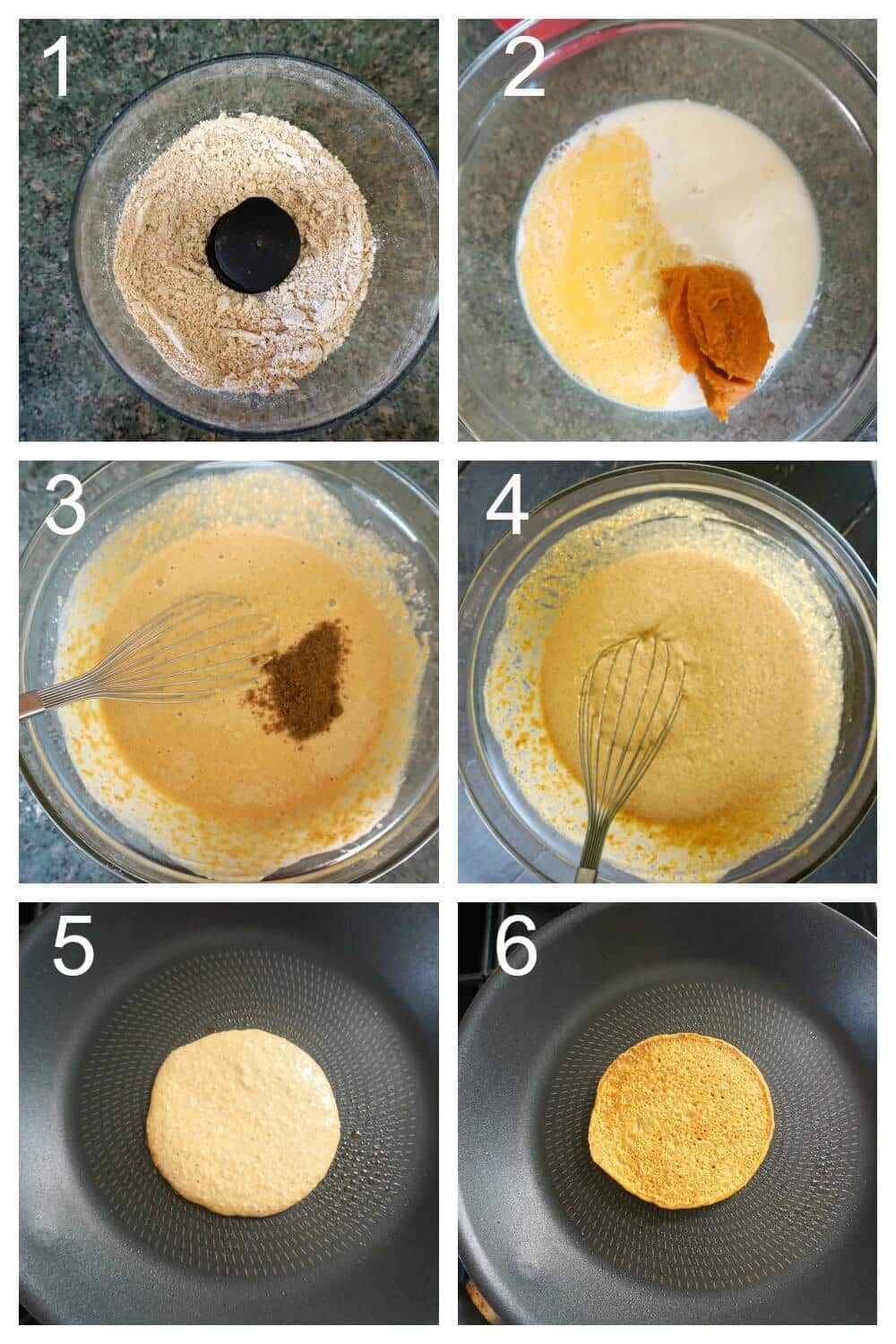 Collage of 6 photos to show how to make oatmeal pumpkin pancakes.