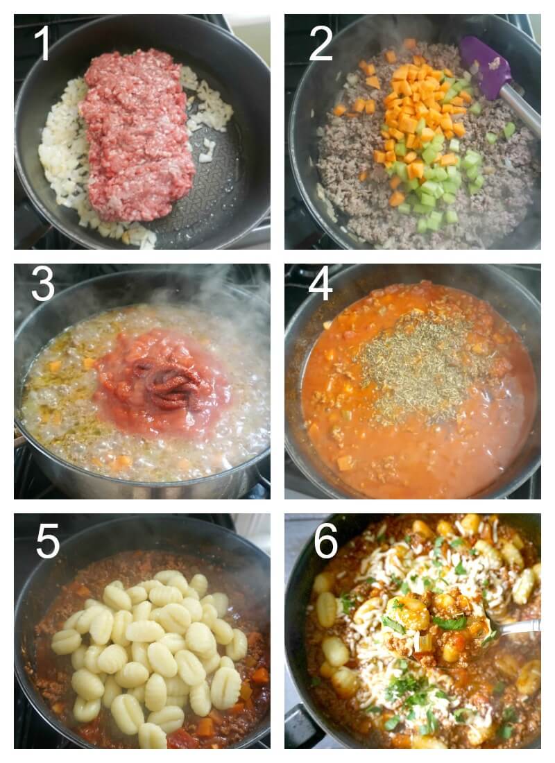 Collage of 6 photos to show how to make gnocchi bolognese.