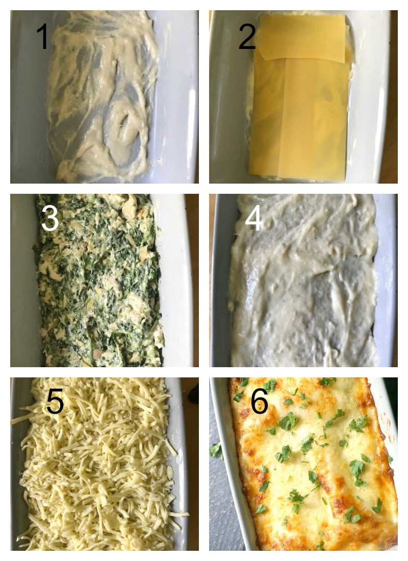 Collage of 6 photos to show how to assemble the chicken, spinach and asparagus lasagna.