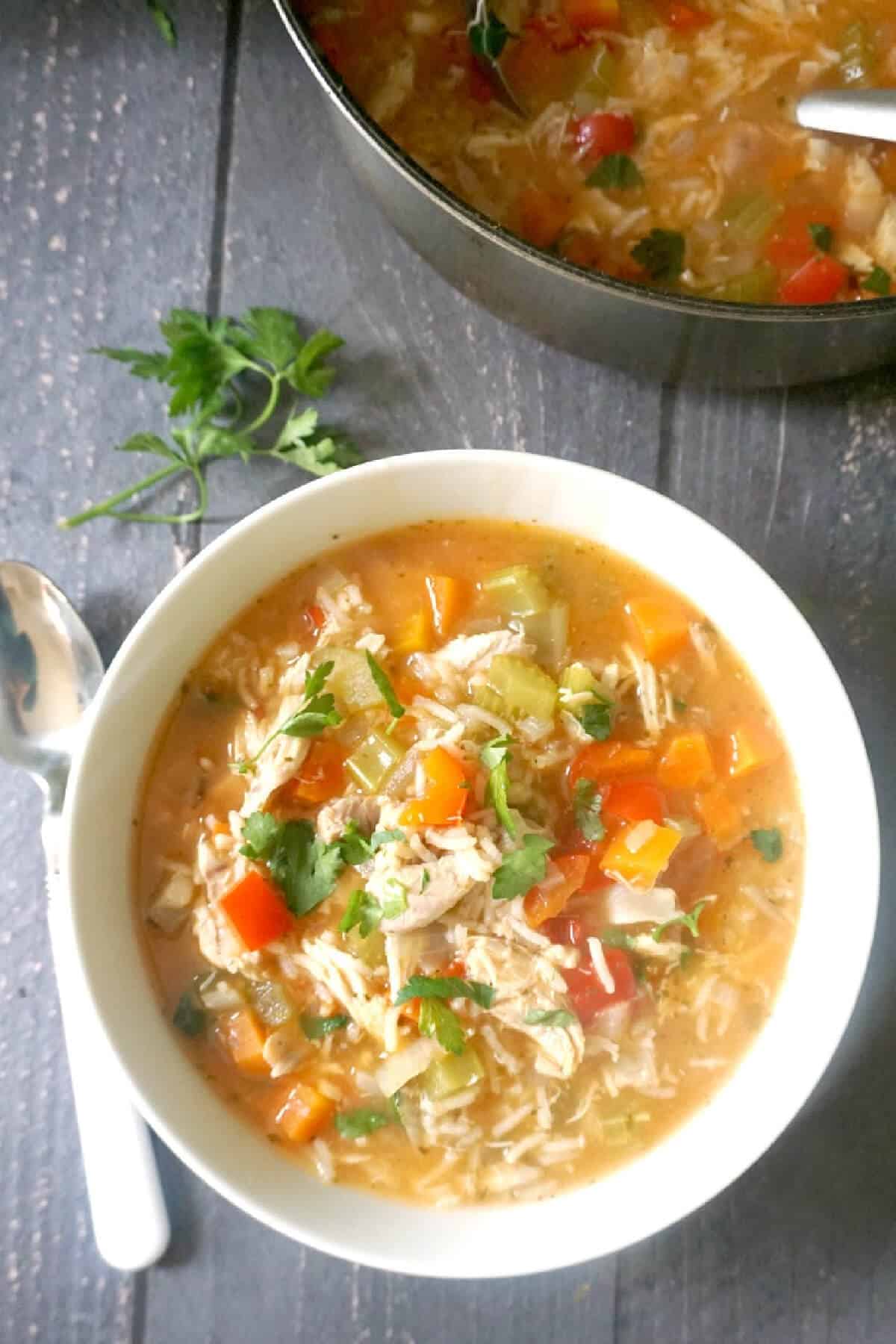 Overhead shoot of a white bowl with soup.