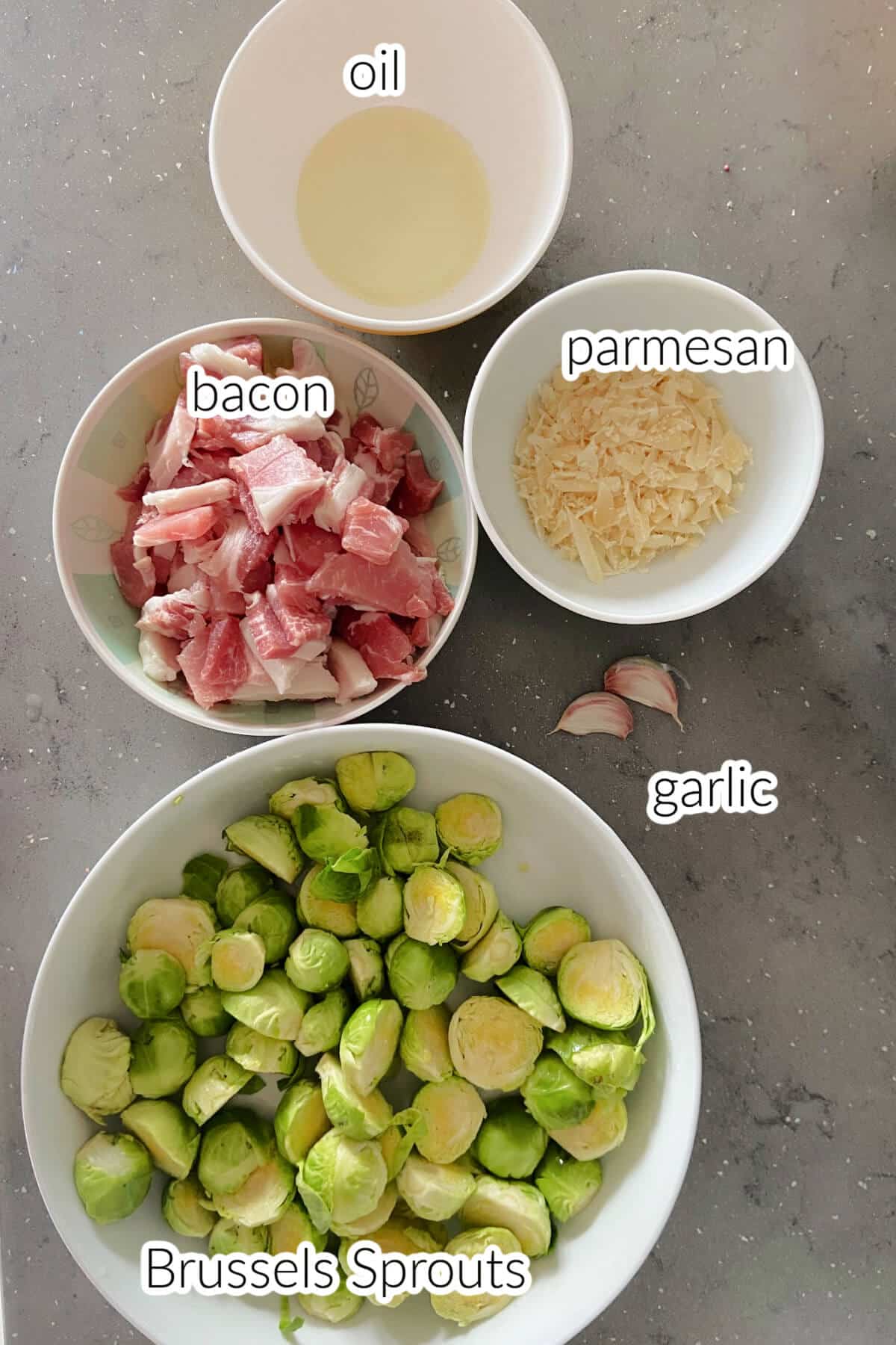 Ingredients needed to make brussels sprouts with bacon.