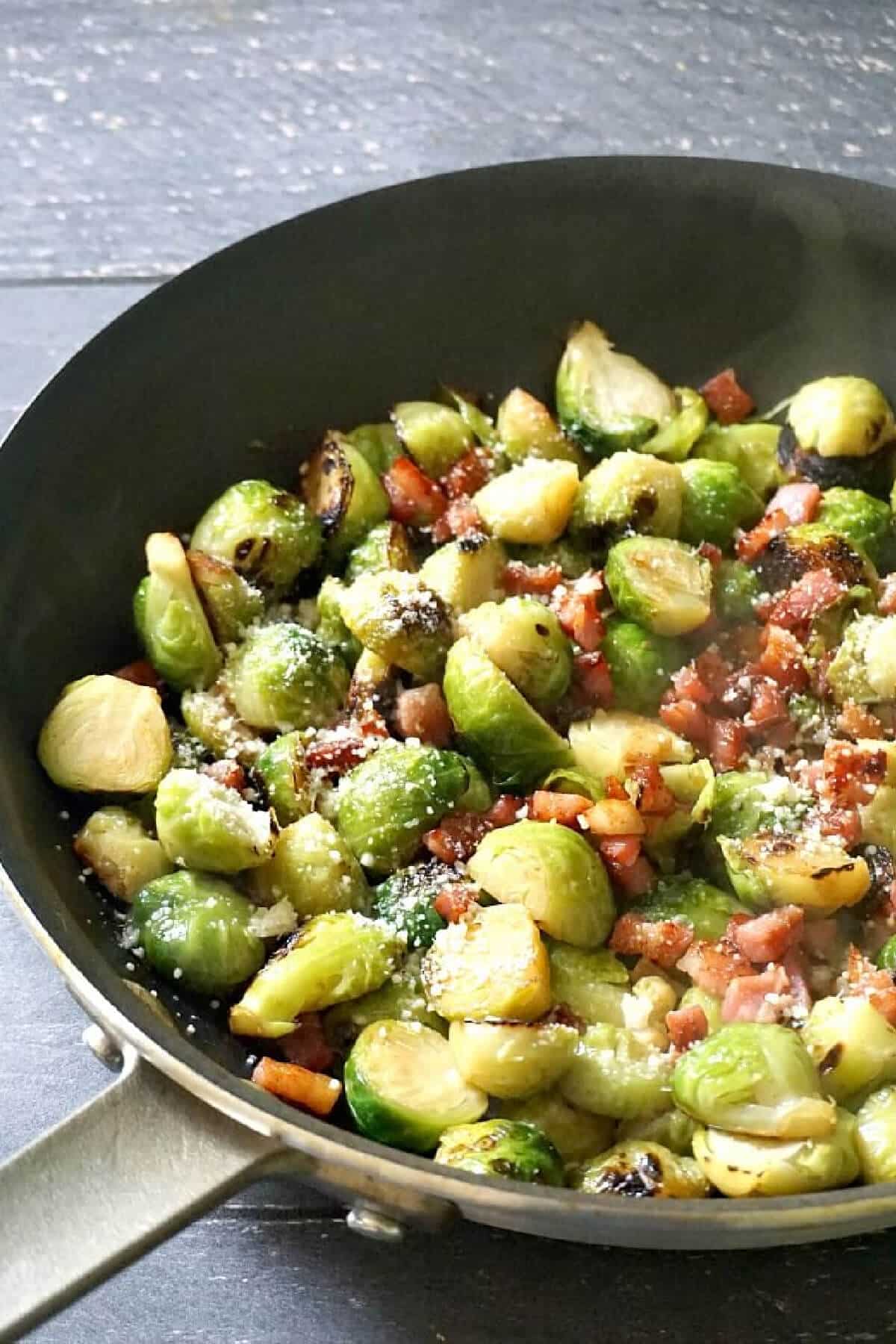 A pan with brussels sprouts.