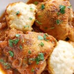 Close-up shoot of a white plate with chicken and dumplings