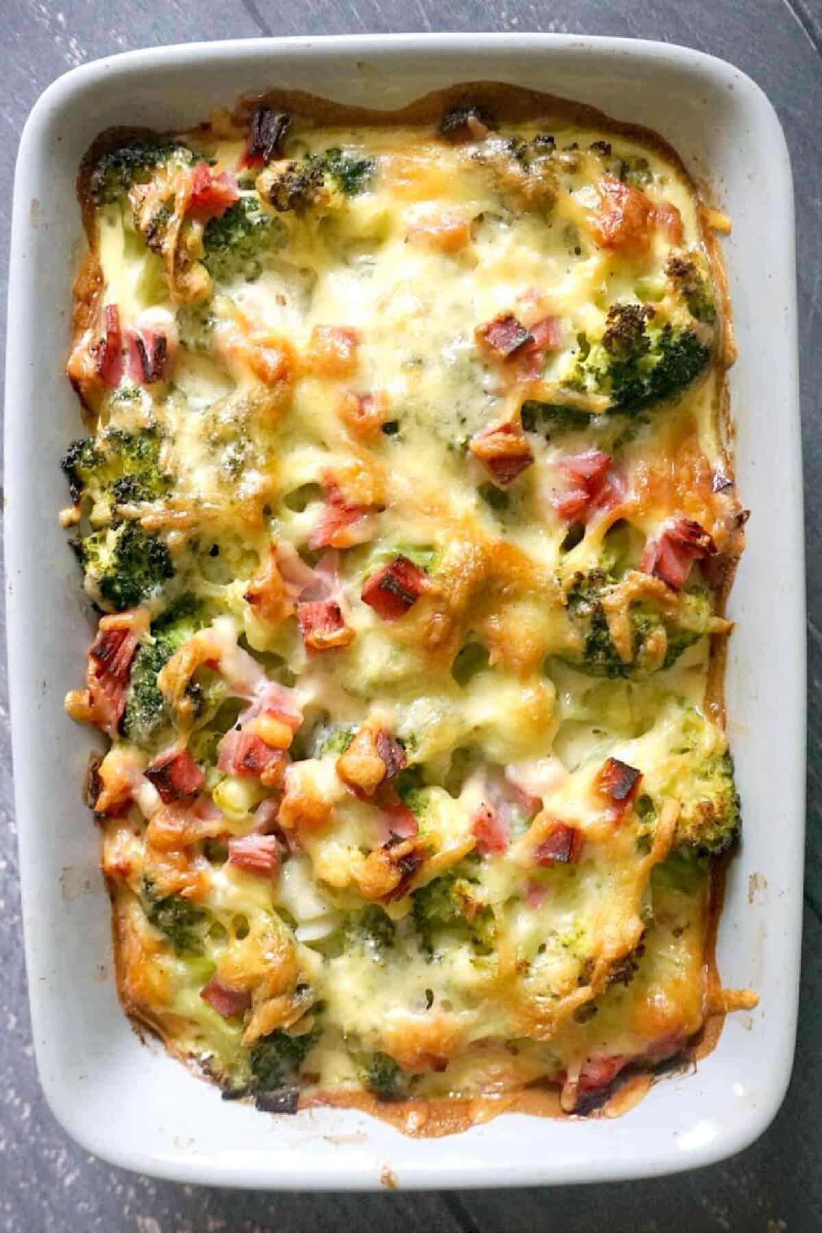 A casserole with ham and broccoli.
