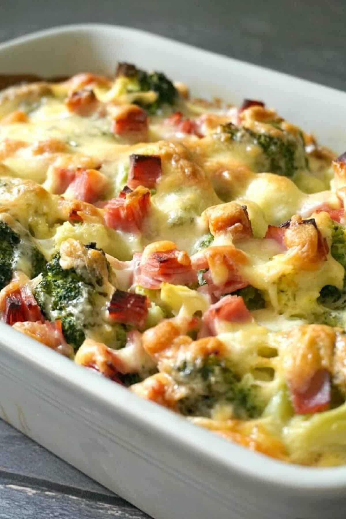 A dish with broccoli and ham bake.