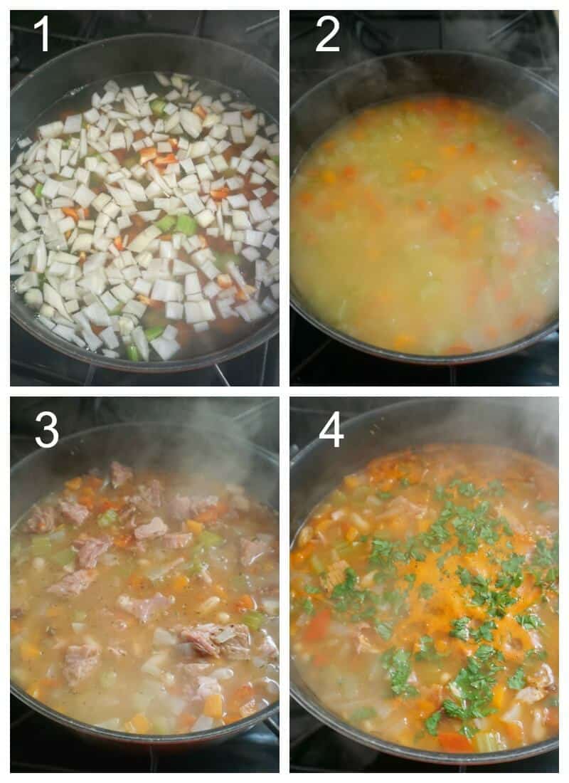 Collage of 4 photos to show how to make leftover ham and bean soup.