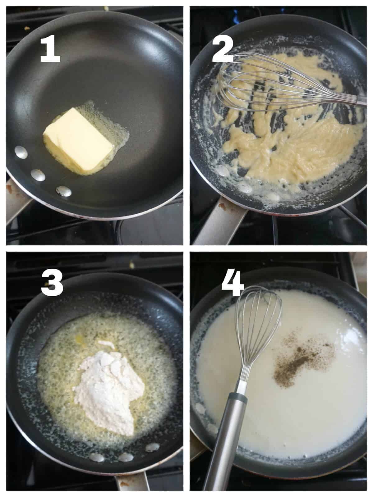 Collage of 4 photos to show how to make white cheese sauce.
