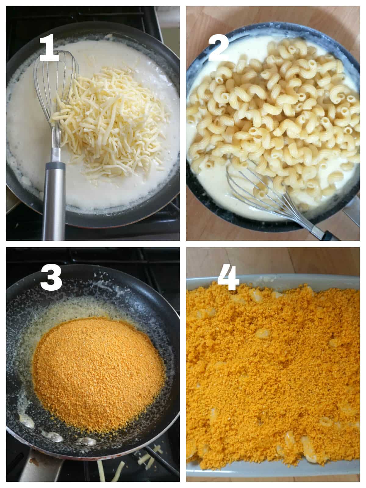 Collage of 4 photos to show how to make mac and cheese with bread crumbs.