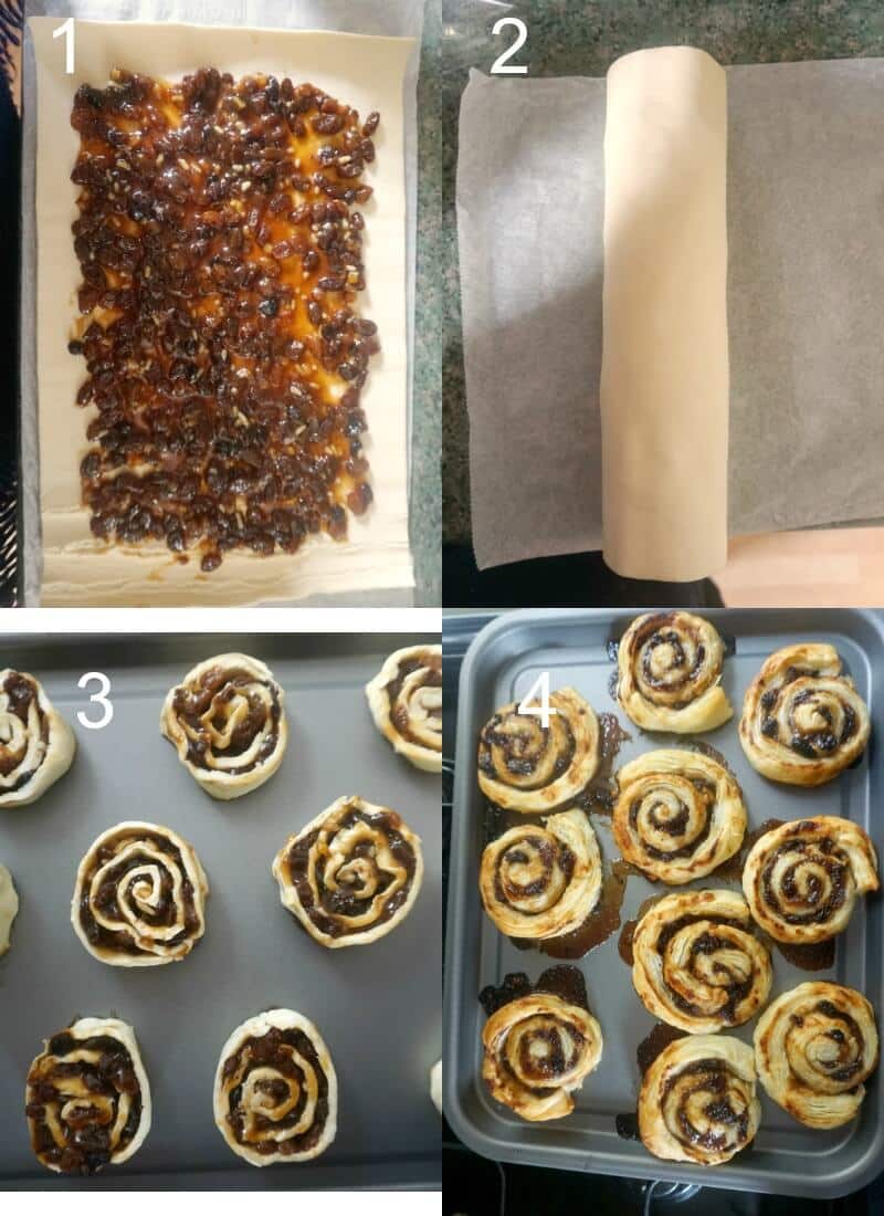 Collage of 4 photos to show how to make mince pie pinwheels.