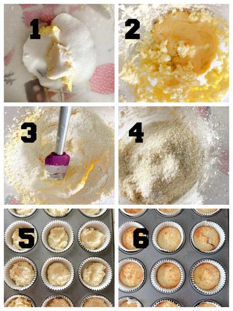 Collage of 5 photos to show how to make coconut cupcakes
