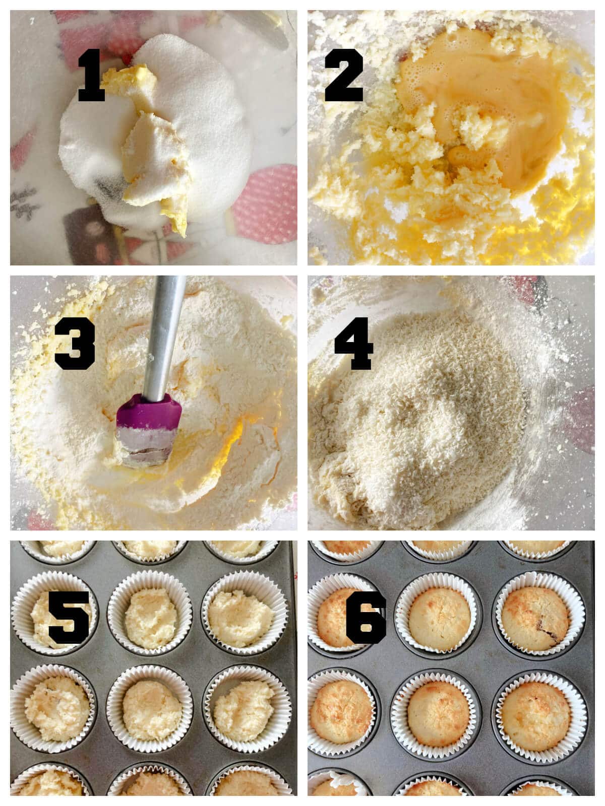 Collage of 5 photos to show how to make coconut cupcakes.