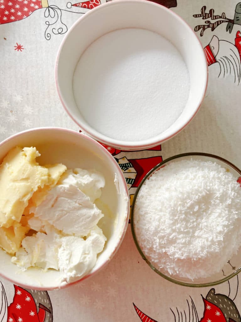 Overhead shoot of ingredients needed for coconut icing