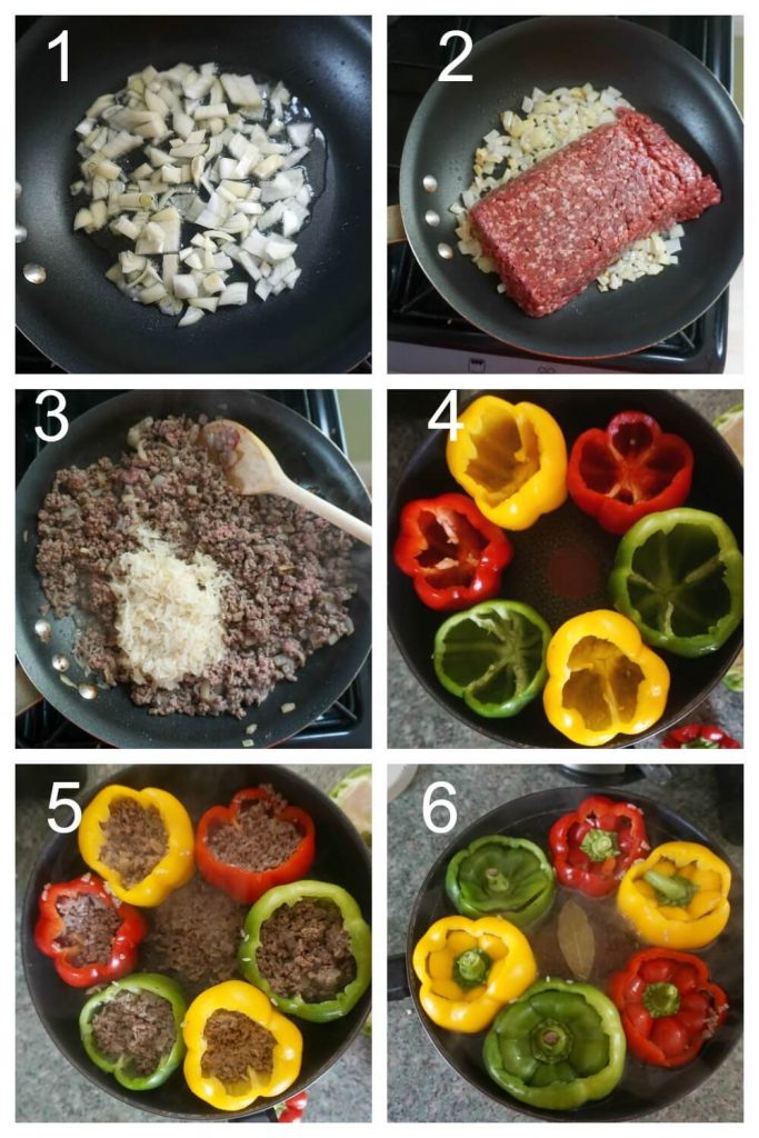 Collage of 6 photos to show how to make stuffed peppers.