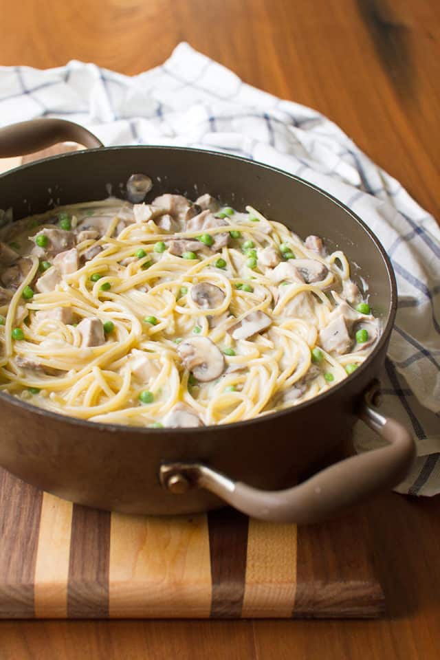 A pot of leftover turkey tetrazzini.