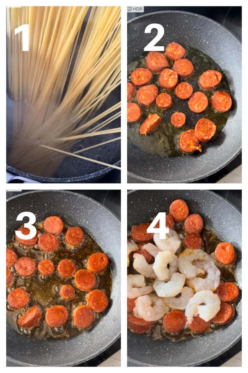 Collage of 4 photos to show how to make prawn and chorizo spaghetti.