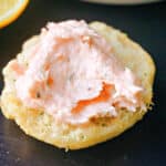 A round crostini with smoked salmon pate.