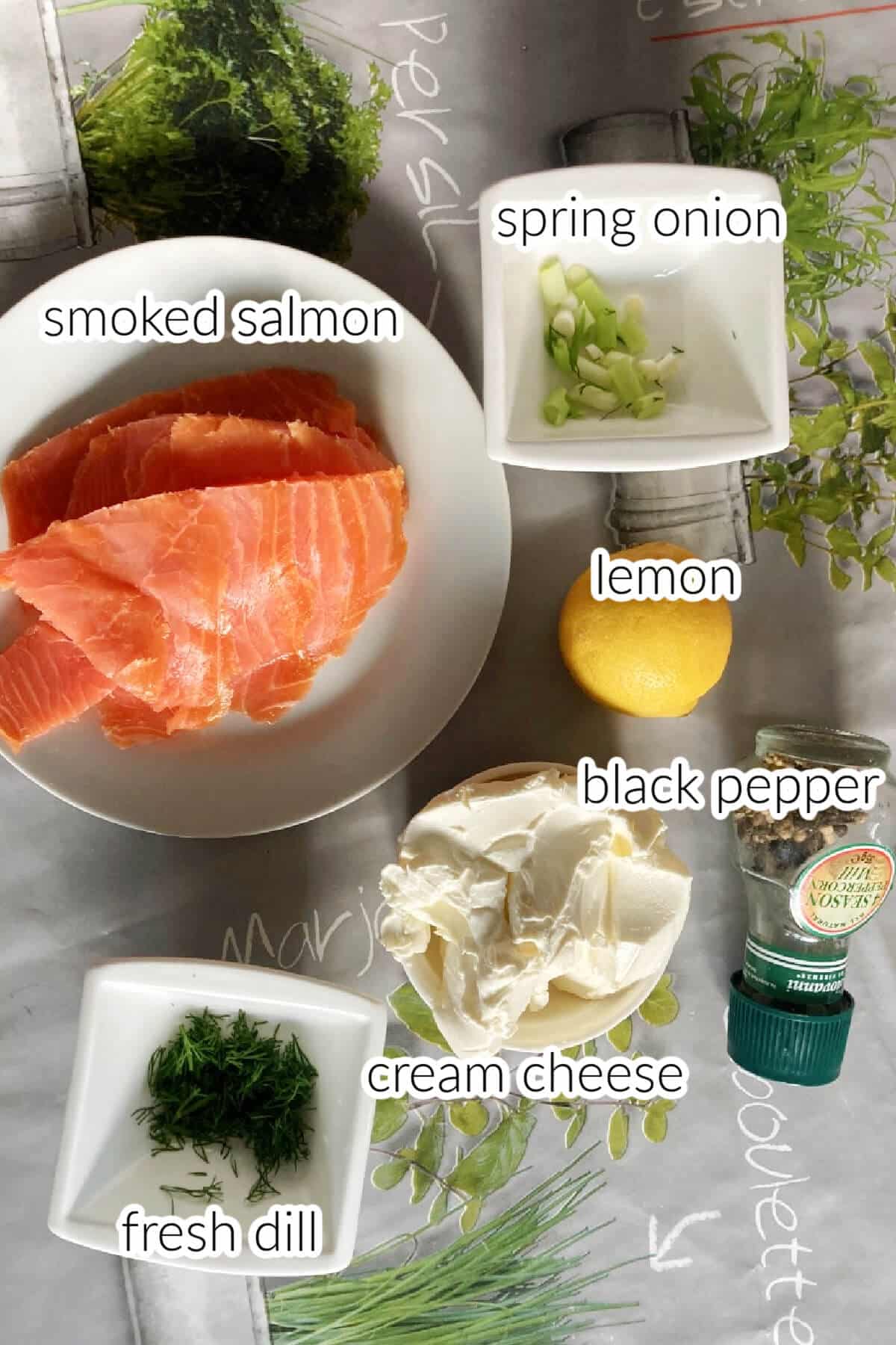 Ingredients needed to make smoked salmon pate.