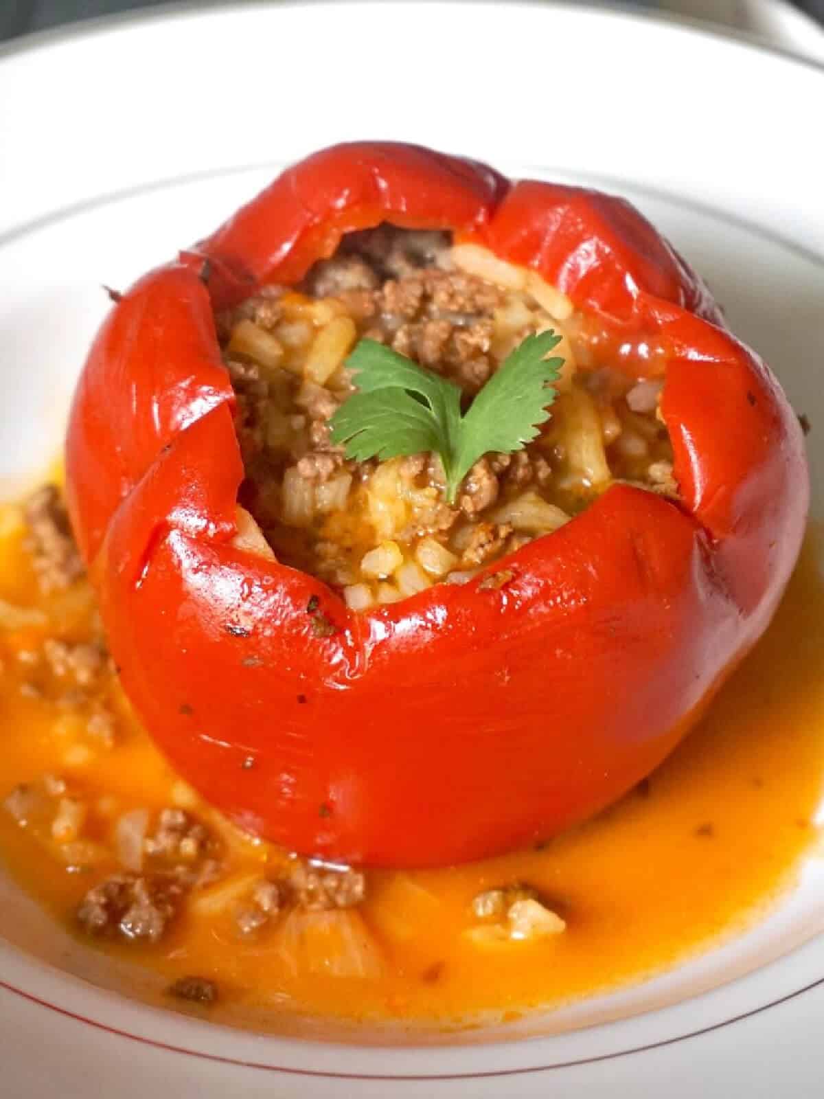 A stuffed pepper with rice and ground beef.