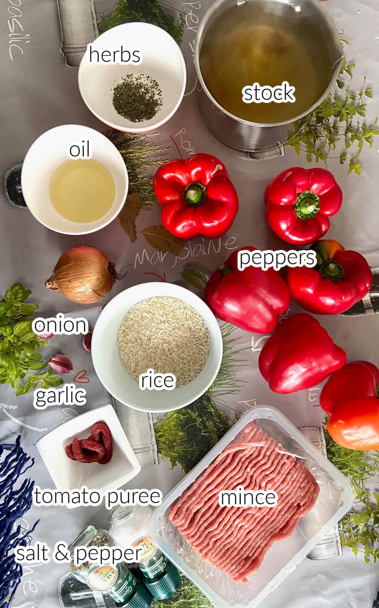 Ingredients needed to make stuffed peppers.