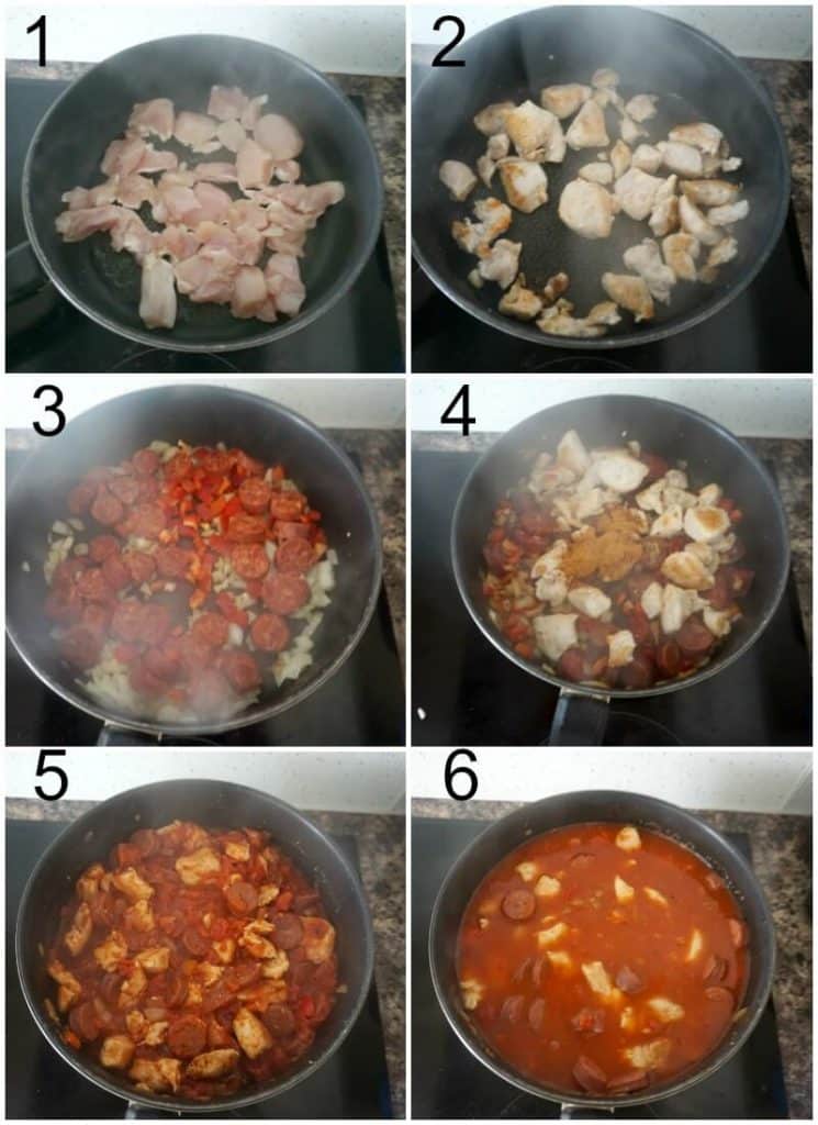 Collage of 6 photos to show how to make chicken and chorizo jambalaya
