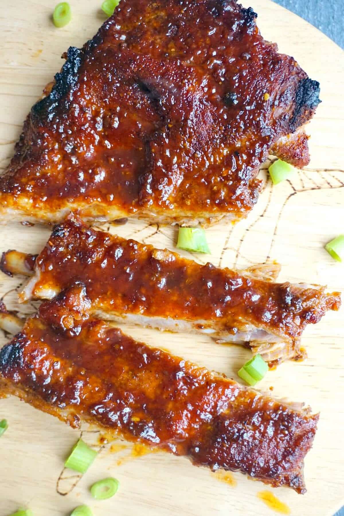 Overhead shoot of pork ribs on a wooden board