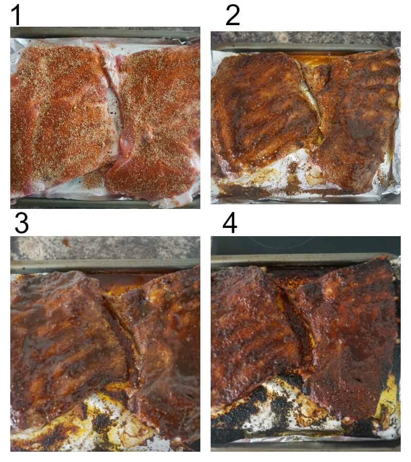 Collage of 4 photos to show how to make baked ribs with bbq sauce.