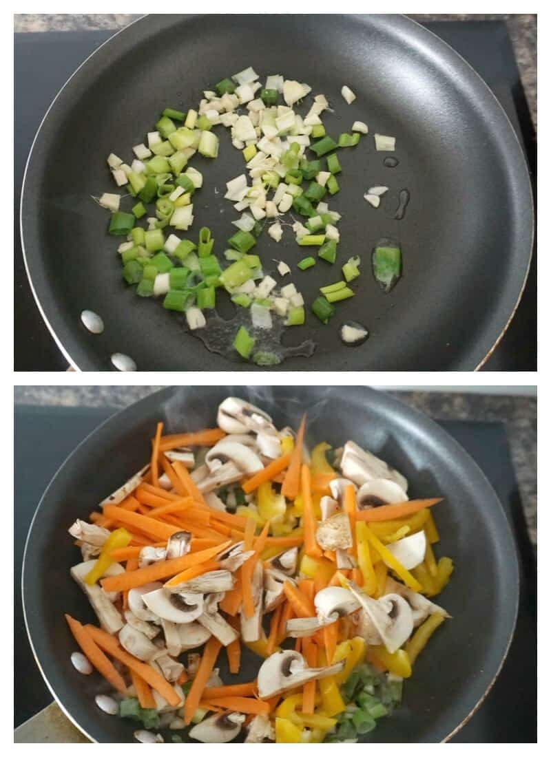 Collage of 2 photos to show how to cook vegetables for a vegetable noodle stir fry.
