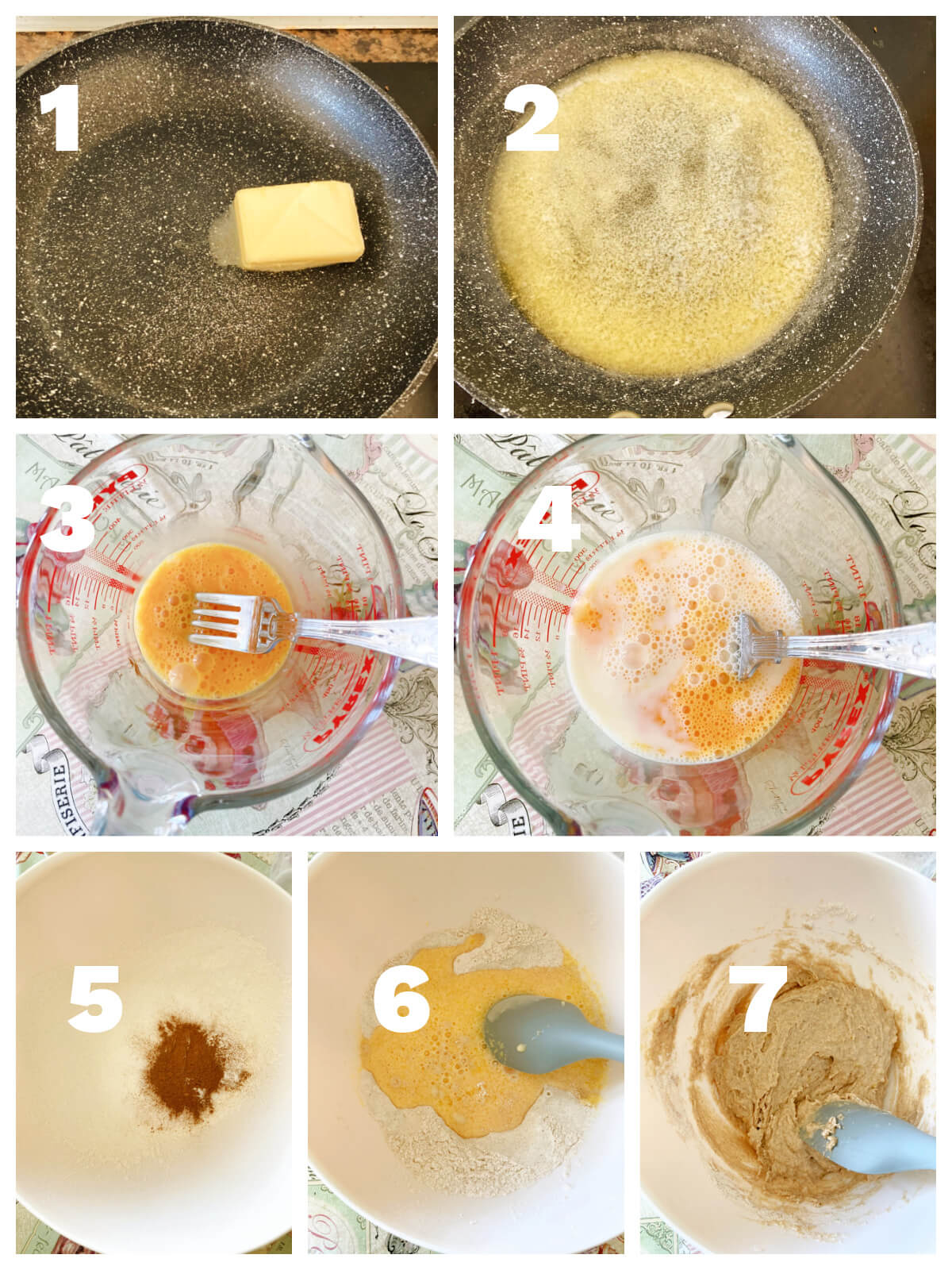 Collage of 7 photos to show how to make the batter for waffles.