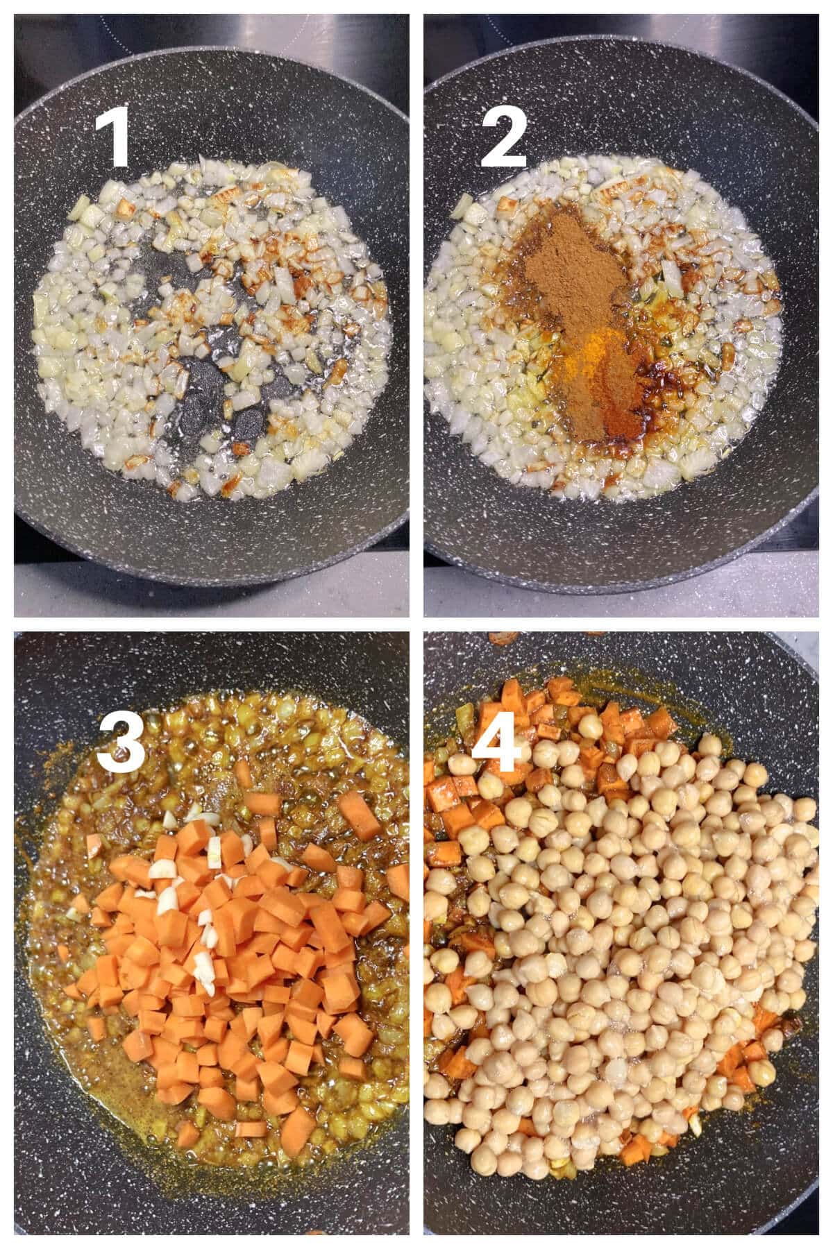 Collage of 4 photos to show how to make chickpea curry.